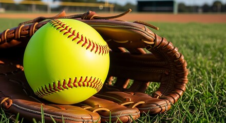 A bright yellow softball rests inside a brown leather glove on green grass.