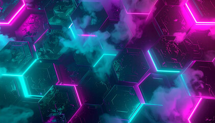 Vibrant Cyberpunk Hexagonal Pattern with Dynamic Fog Background