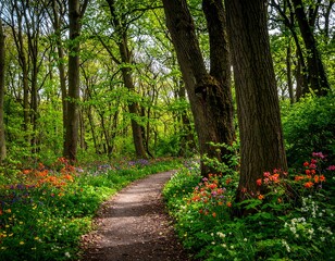 Lush forest path with colorful wildflowers