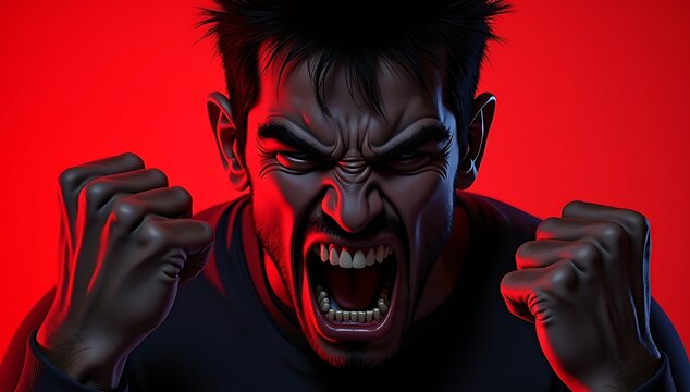 Dynamic image of a person screaming with clenched fists, intense expression, red backlight emphasizing raw emotion.
