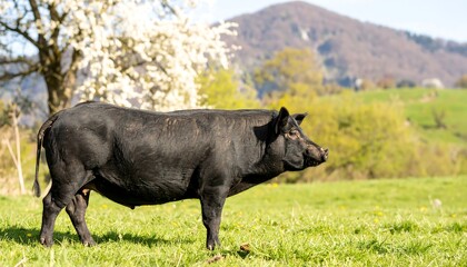 Fototapeta premium Black pig in a grassy field, with mountains and flowering trees in the background
