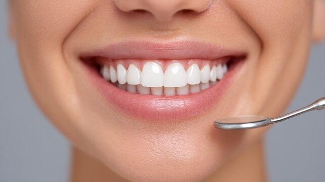 Close-up of a Smiling Woman Showing Healthy White Teeth with Dental Mirror in Dental Clinic Environment for Oral Health and Care Promotion