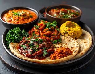 Delicious Indian Thali Meal with Various Curries Lentils Flatbread Rice Vegetables and Fresh Herbs in Traditional Bowl
