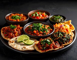 Assorted Mexican dishes including tacos, nachos, salsas, and garnishes served on a black platter with fresh lime slices and vibrant toppings