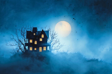 Spooky haunted house silhouette bathed in eerie moonlight and swirling fog night sky