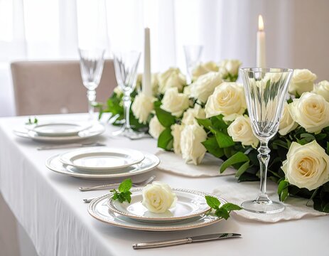 Elegant White Rose Centerpiece Decorates Table Setting