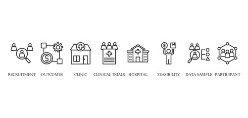 clinical study banner icon vector concept with icon of recruitment, outcomes, clinic, clinical trials, hospital, feasibility, data sample and participant







