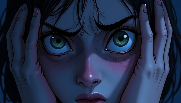 Close-up of wide eyes and tense hands covering part of face, dramatic shadow and blue-toned lighting creating suspenseful atmosphere.
