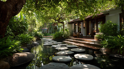 Relaxing tropical scenery lush green foliage, serene waterway, and inviting Stone pathway, ideal for tranquil retreats or premium holiday getaways. Luxurious Resort With Scenic Tropical Landscape 