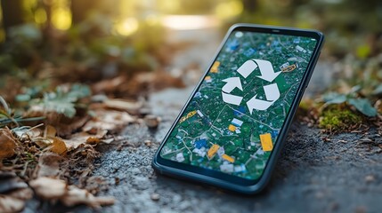 Smartphone displays a littered scene with a recycling symbol, set against a blurred, natural backdrop. Promote environmental awareness and responsible waste disposal. Recycle waste background.