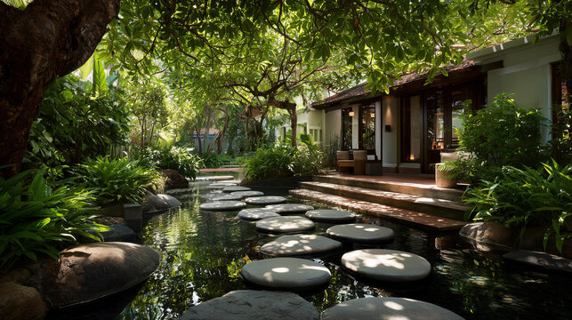 Relaxing tropical scenery lush green foliage, serene waterway, and inviting Stone pathway, ideal for tranquil retreats or premium holiday getaways. Luxurious Resort With Scenic Tropical Landscape 
