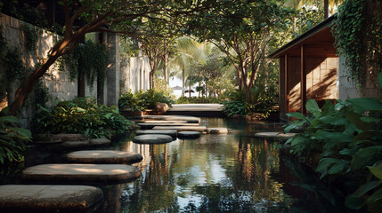 Relaxing tropical scenery lush green foliage, serene waterway, and inviting Stone pathway, ideal for tranquil retreats or premium holiday getaways. Luxurious Resort With Scenic Tropical Landscape 