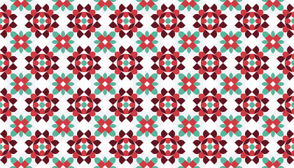 Festive christmas geometric pattern with floral elements in red and green colors perfect for holiday decorations and crafts.