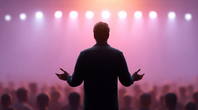 Person standing on a stage with hands open, addressing a large audience under bright lights, creating an inspiring atmosphere of engagement and connection