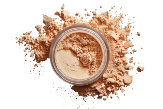 Light beige face powder in a clear jar, surrounded by loose powder