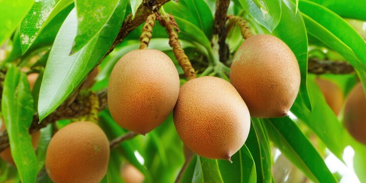 Sapodilla fruits in their natural environment, hanging from the tree and ready for harvest