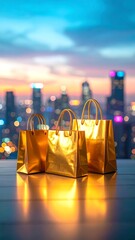 Golden shopping bags on a city skyline backdrop