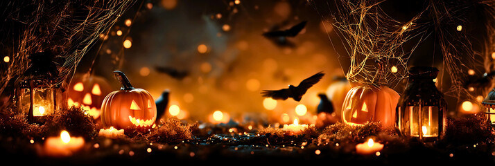 Enchanting halloween scene with carved pumpkins lit by candles and a flying bat silhouette