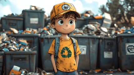 Animated boy with recycle shirt smiles near overflowing dumpsters. A cartoon illustration promoting eco-awareness and waste management. Recycle waste background.