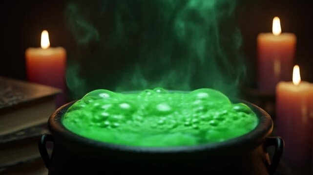 Bubbling green potion in cauldron surrounded by candles and books  