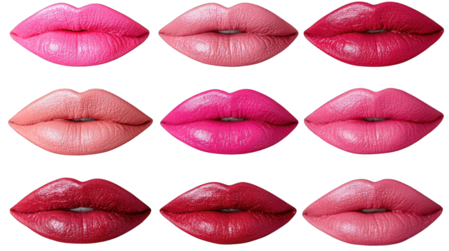 Nine pairs of human lips in a grid, various shades of pink and red lipstick