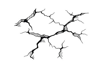 Cracked Surface Texture, Black and White Sketch, Grunge Effect, Isolated, Vector Illustration