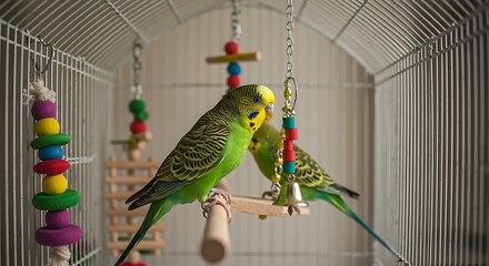 Parakeets in cage with toys