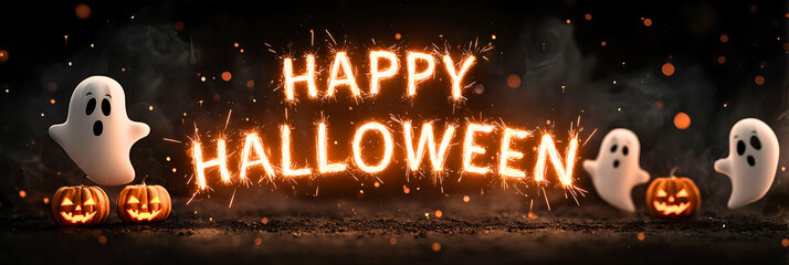 Happy halloween with cute ghosts and glowing pumpkins for spooky celebrations