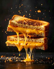 Melting grilled cheese sandwich with gooey cheese dripping and crispy toasted bread slices, close-up shot with dark background and floating cheese particles