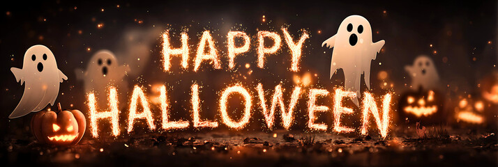 Spooky happy halloween message with glowing pumpkins and playful ghosts illuminated at night