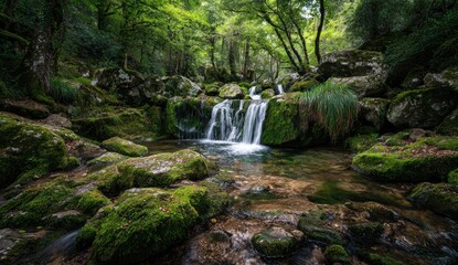 Fototapeta premium Lush forest stream cascades over mossy rocks