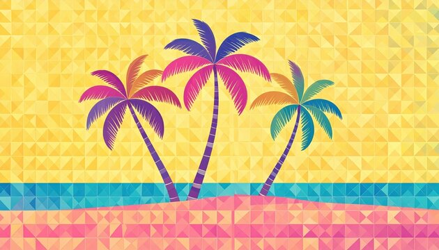 Vibrant Geometric Palm Trees on a Colorful Mosaic Tropical Beach.