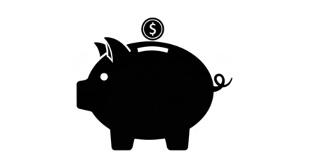 A black silhouette of a piggy bank with a dollar coin on top, isolated on a transparent background, symbolizing savings and finance