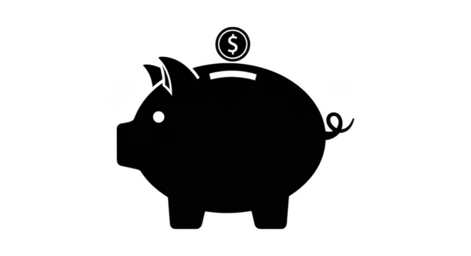 A black silhouette of a piggy bank with a dollar coin on top, isolated on a transparent background, symbolizing savings and finance