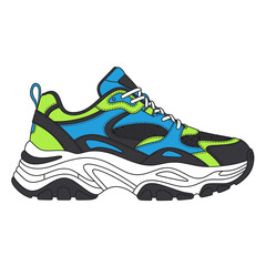 Illustration of a colorful chunky sneaker with a thick white sole.