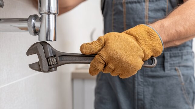 Plumber Using Adjustable Wrench to Repair Pipes in Home Kitchen Setting, Close-Up of Hand with Protective Glove and Plumbing Fixtures