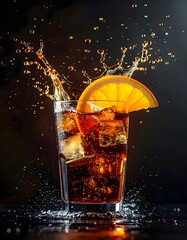 Refreshing beverage with ice and lemon slice splashing in glass carbonated soda colorful drink with bubbles on dark background