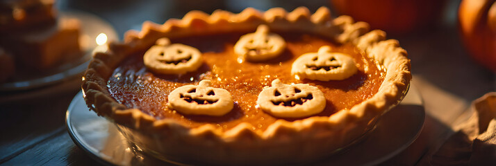 Delicious pumpkin pie decorated with cute jack o lantern cookies for halloween celebration