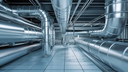 A spacious industrial room with metallic pipes and ducts running along the ceiling.