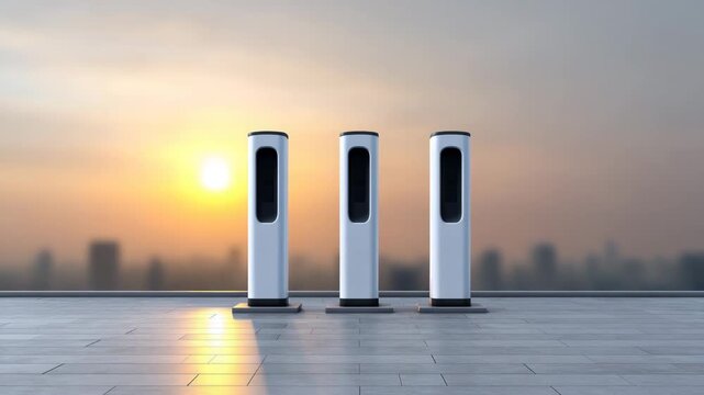 Electric Vehicle Charging Station at Sunrise: A row of sleek, modern electric vehicle charging stations stands silhouetted against the vibrant hues of a breathtaking sunrise.
