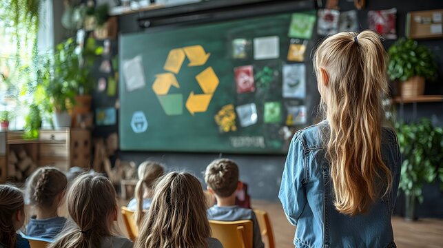 Back view of diverse elementary students facing a green chalkboard adorned with a recycling symbol in a plant-filled classroom, learning about environmental responsibility. Recycle waste background.