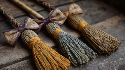 Handmade Halloween witch brooms crafted