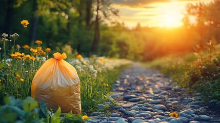 An eye-level shot shows a yellow trash bag sits next to a rocky path, evoking environmental consciousness and waste management with an aesthetic appeal; isolated in a white background.