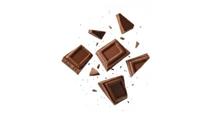 Scattered chocolate squares, chunks, and bits hover on a crisp, white background