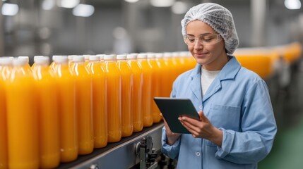 Worker in a food production facility managing orange juice bottles on a conveyor belt while using a digital tablet for quality control and inventory tracking