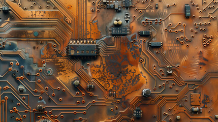 Rustic Copper Circuit Board Texture:  Aged Electronics Background, Industrial Design, Steampunk Aesthetic.