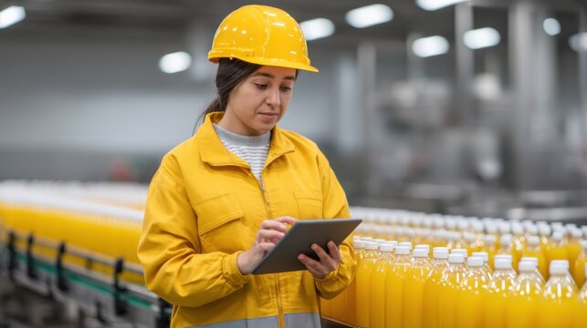 Female worker in yellow safety helmet and jacket using tablet to monitor production line in juice processing factory with bottles of orange juice
