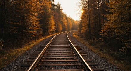 Obraz premium Railway tracks curve through a colorful, autumnal forest, sunset glow