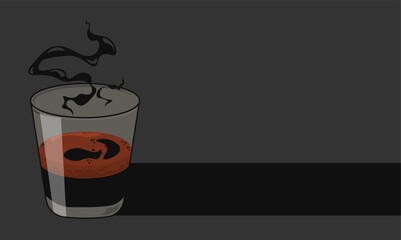 cup of espresso coffee with crema and black steam on a dark background. design, poster, invitation card. vector illustration.