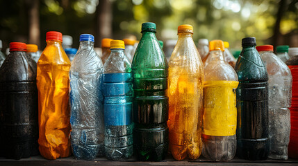 Collection of colorful used plastic bottles ready for recycling. Sustainable living concept. Promoting eco-friendly practices for environmental conservation. Recycle waste background.